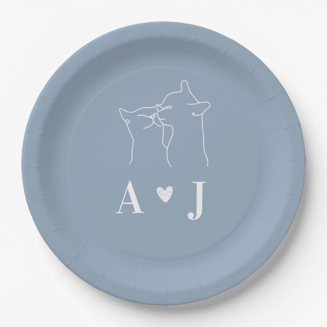 Dusty Blue Simple Minimalist Cat Monogram Wedding  Paper Plates (Front)