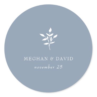 Dusty Blue Simple Modern Botanical Wedding Classic Round Sticker