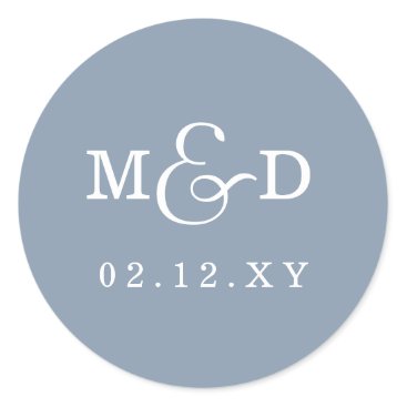 Dusty Blue Simple Modern Monogram Wedding Classic Round Sticker