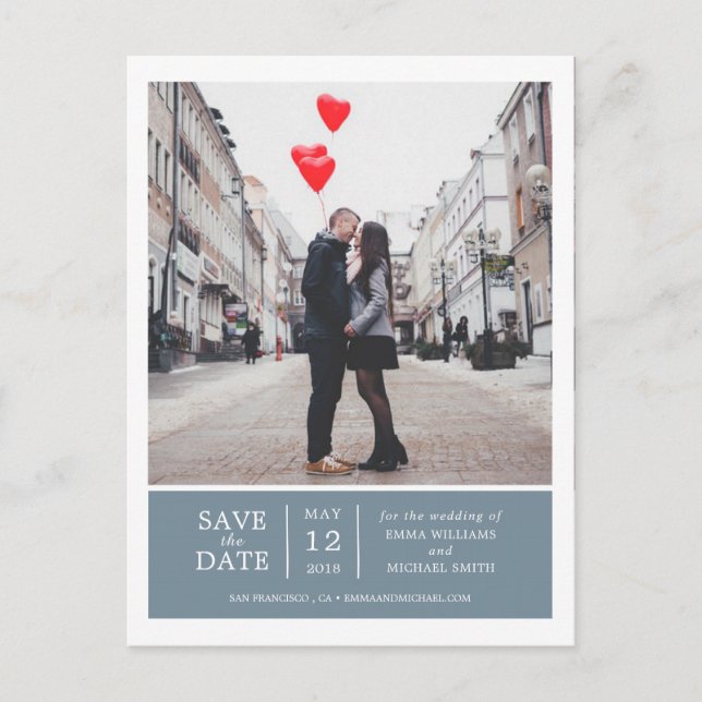 Dusty Blue Simple & Modern Photo Save the Date Announcement Postcard (Front)