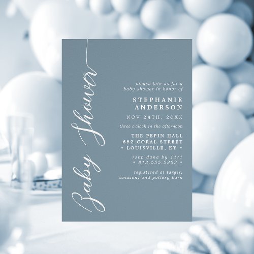 Dusty Blue Simple Modern Script Baby Shower Invitation