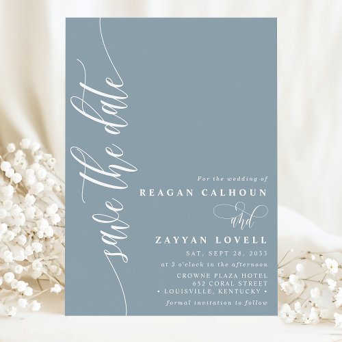 Dusty Blue Simple Modern Script Save The Date