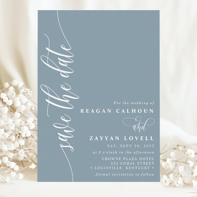 Dusty Blue Simple Modern Script Save The Date (Creator Uploaded)