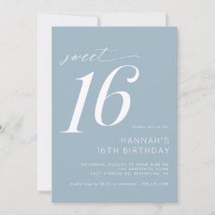 Dusty Blue Simple Modern Sweet 16 Birthday Party Invitation
