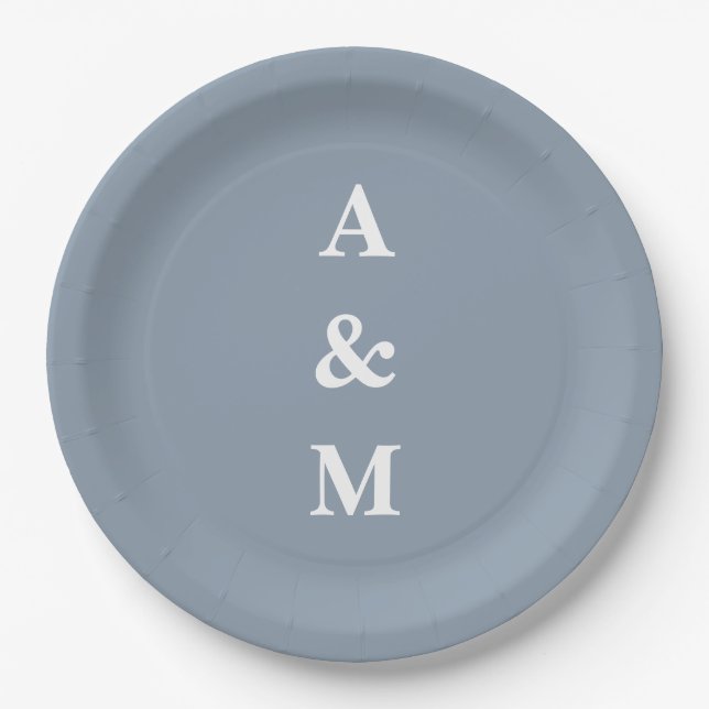Dusty Blue Simple Monogram Initial Elegant Wedding Paper Plates (Front)