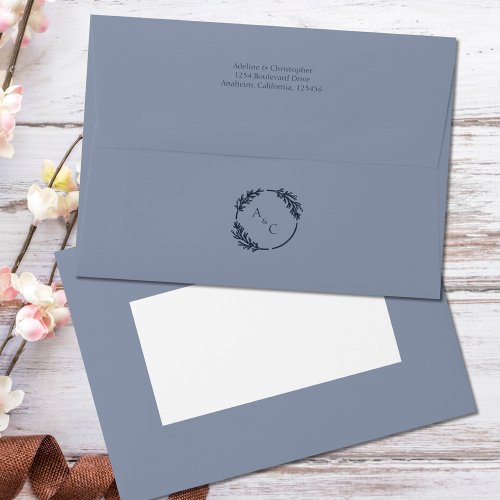 Dusty Blue Simple Monogram Leaves Wedding Envelope