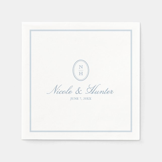 Dusty Blue Simple Monogram Wedding Crest  Napkins (Front)