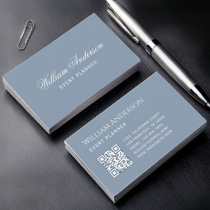 Dusty Blue Simple QR Code and Calligraphy  Business Card
