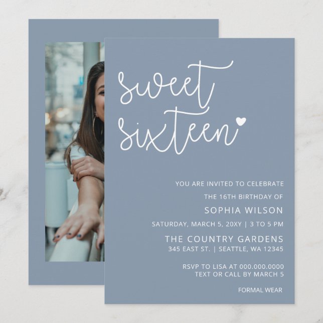 Dusty Blue Simple Script Sweet 16 Birthday Photo I Invitation (Front/Back)