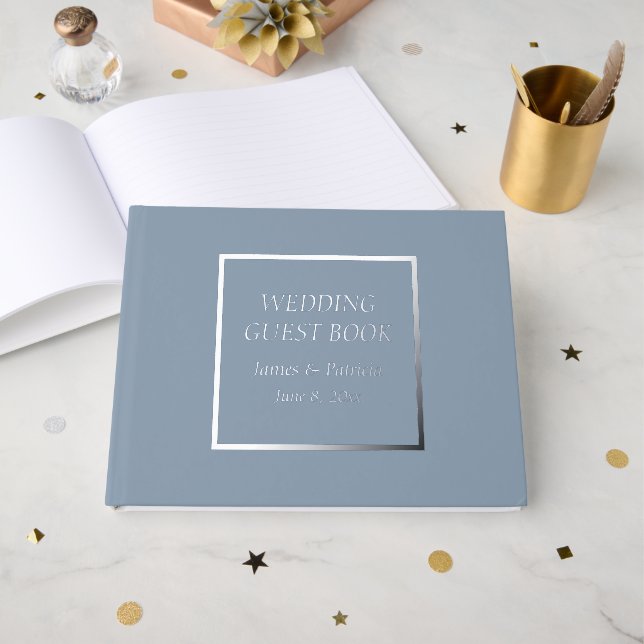 Dusty Blue Simple Stylized Lettering Wedding Foil Guest Book (Front Open)