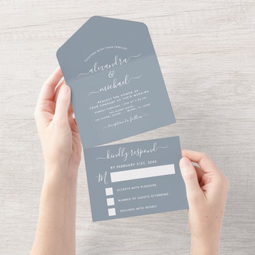 Dusty Blue Simple Wedding Modern Typography RSVP All In One Invitation