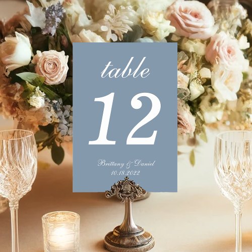 Dusty Blue Simple White Script Calligraphy Wedding Table Number