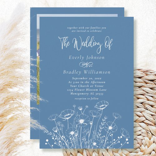 Dusty Blue Simple Wildflower Floral Photo Wedding  Invitation