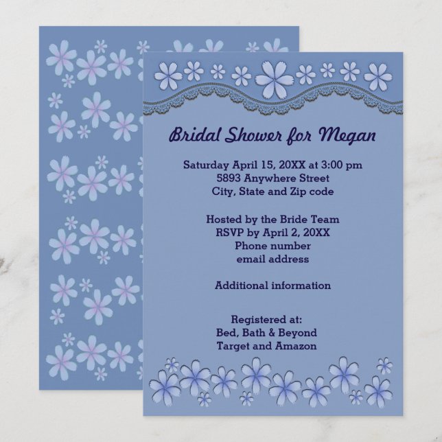 Dusty Blue Six Petal Flower Bridal Shower Invite (Front/Back)
