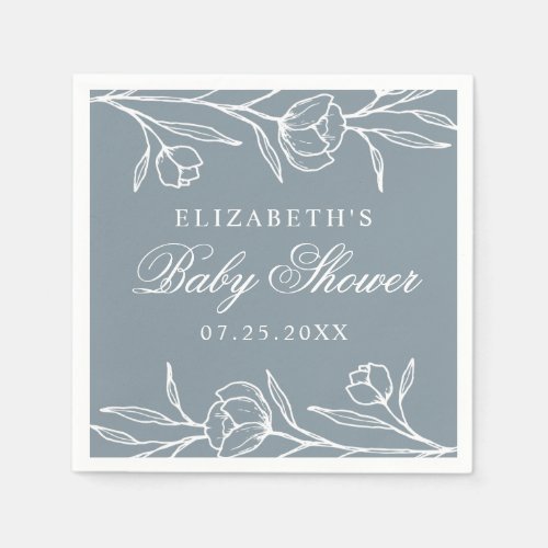 Dusty Blue Sketched Floral Baby Shower Napkins