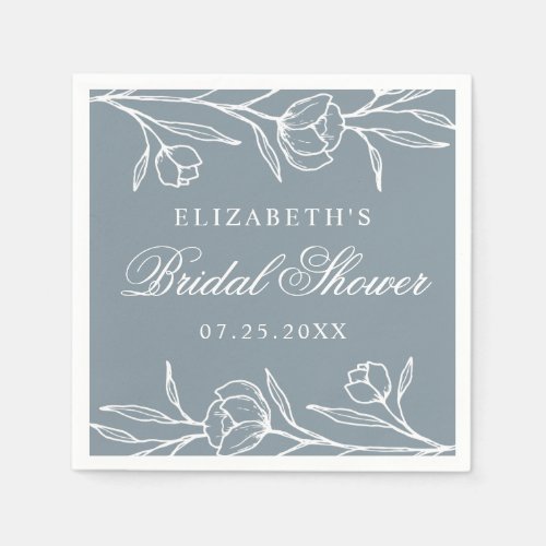 Dusty Blue Sketched Floral Bridal Shower Napkins