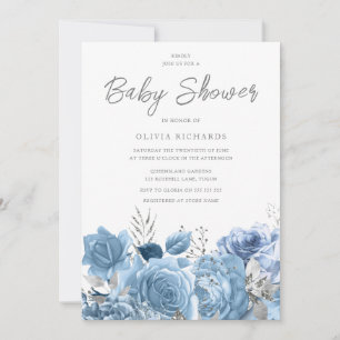 Dusty Blue Sky-Blue Floral Baby Shower Invitation