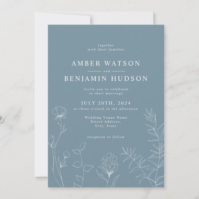 Dusty Blue Slate Blue Wildflowers Floral Wedding Invitation (Front)