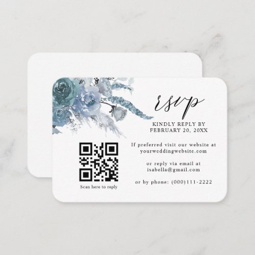 Dusty Blue Slate Boho Floral QR Code Wedding RSVP Enclosure Card