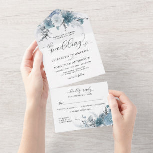 Dusty Blue Slate Boho Floral Wedding Details RSVP All In One Invitation
