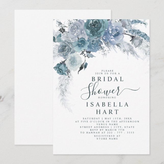 Dusty Blue Slate Boho Pampas Floral Bridal Shower Invitation (Front/Back)