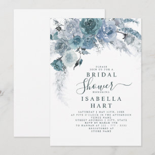 Dusty Blue Slate Boho Pampas Floral Bridal Shower Invitation