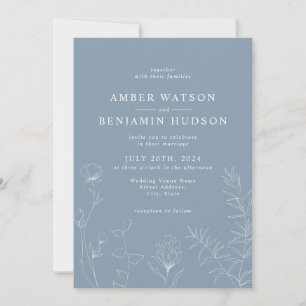 Dusty Blue Slate Elegant Wildflower Floral Wedding Invitation