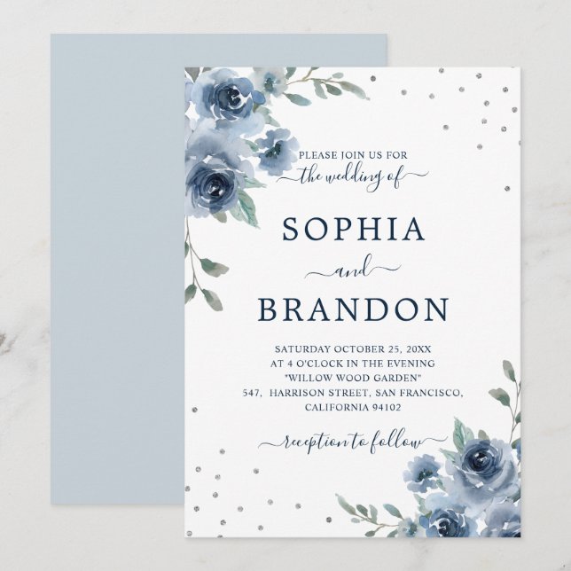 Dusty Blue Slate Floral Botanical Chic Wedding Invitation (Front/Back)