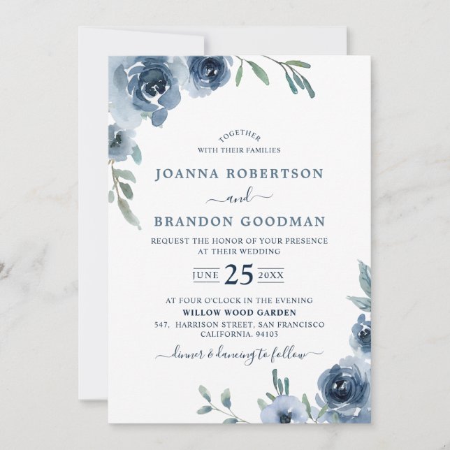 Dusty Blue Slate Floral Botanical Chic Wedding Invitation (Front)