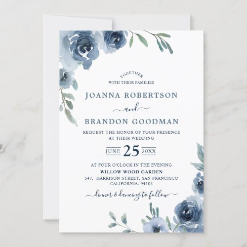 Dusty Blue Slate Floral Botanical Chic Wedding Invitation