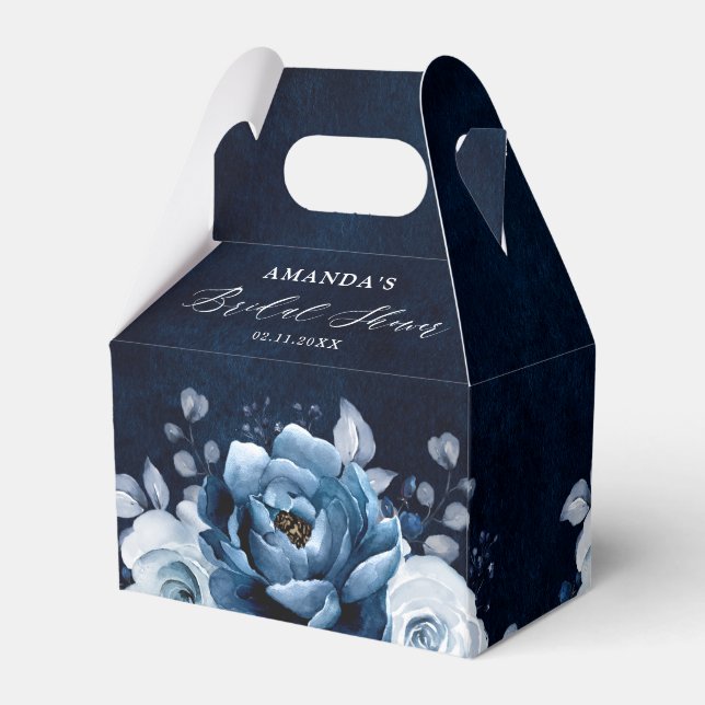 Dusty Blue Slate Navy Botanical Bridal Shower Favor Boxes (Back Side)