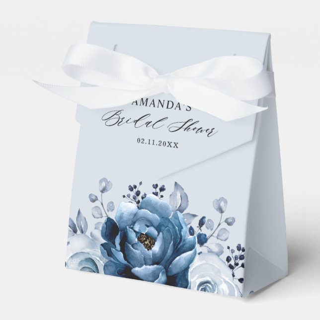 Dusty Blue Slate Navy Botanical Bridal Shower Favor Boxes (Front Side)