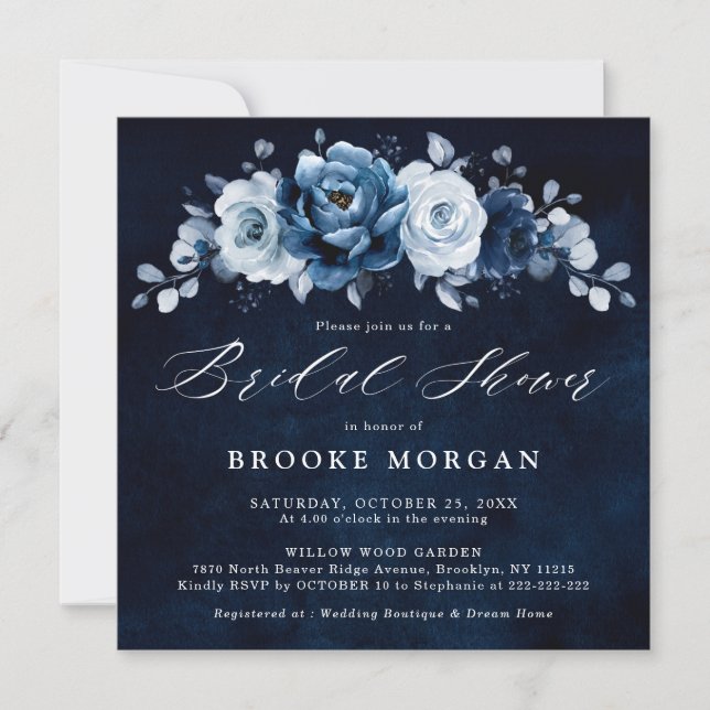 Dusty Blue Slate Navy  Botanical Bridal Shower Inv Invitation (Front)