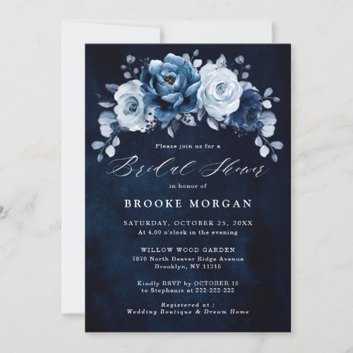Dusty Blue Slate Navy Botanical Bridal Shower Invi Invitation
