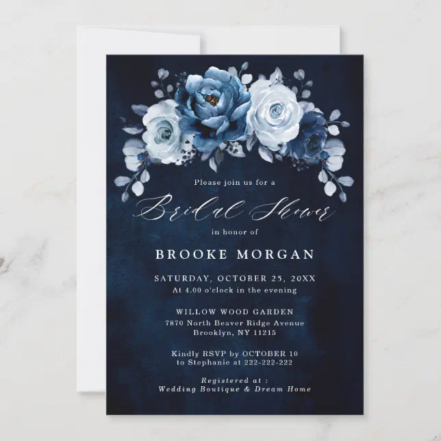 Dusty Blue Slate Navy Botanical Bridal Shower Invi Invitation | Zazzle