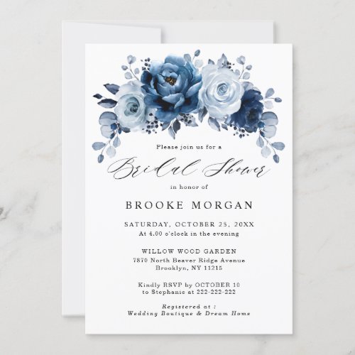 Dusty Blue Slate Navy Botanical Bridal Shower Invitation