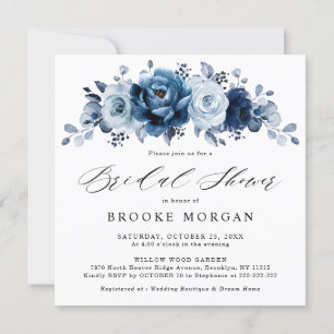 Dusty Blue Slate Navy  Botanical Bridal Shower Invitation