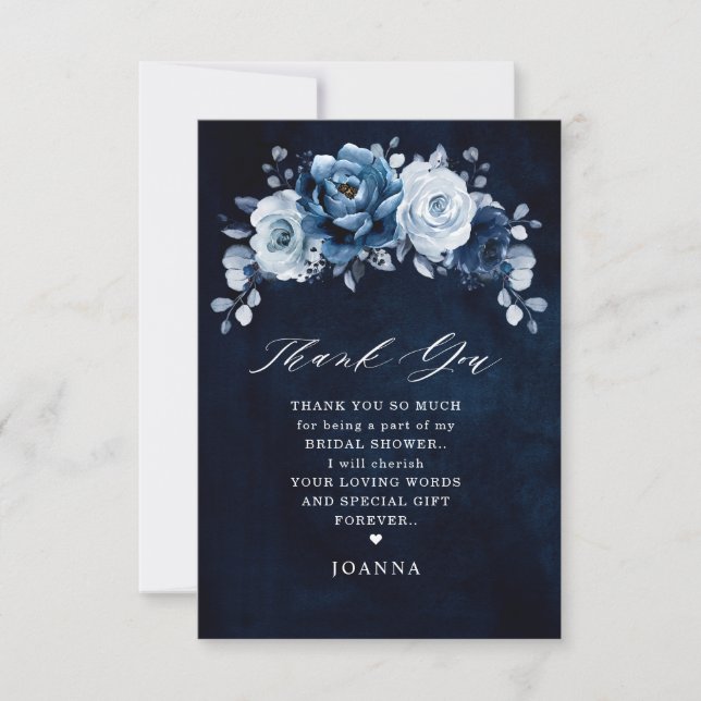 Dusty Blue Slate Navy Botanical Bridal Shower      Thank You Card (Front)