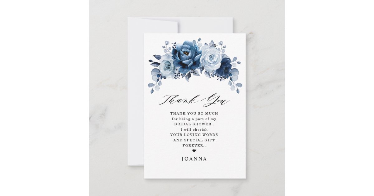 Dusty Blue Slate Navy Botanical Bridal Shower Thank You Card | Zazzle