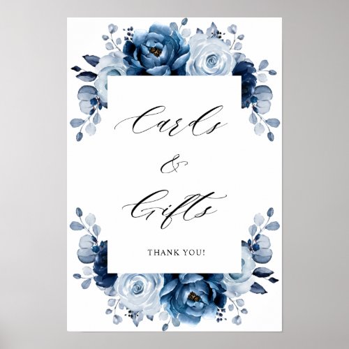 Dusty Blue Slate Navy Botanical Cards  Gifts Poster