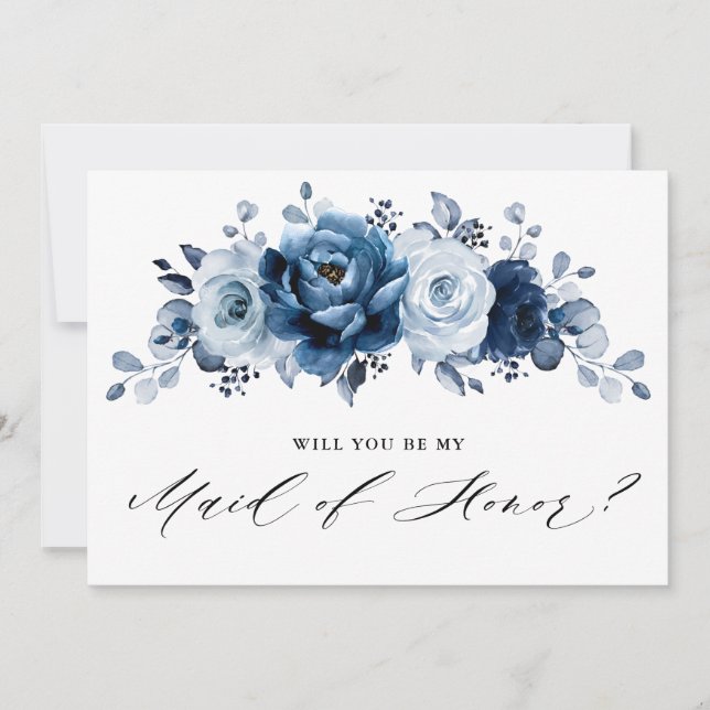 Dusty Blue Slate Navy Botanical  Maid of Honor     Invitation (Front)