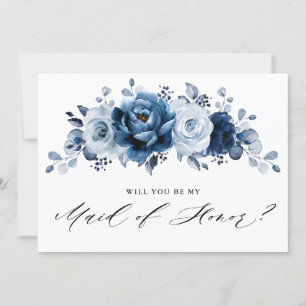 Dusty Blue Slate Navy Botanical  Maid of Honor     Invitation