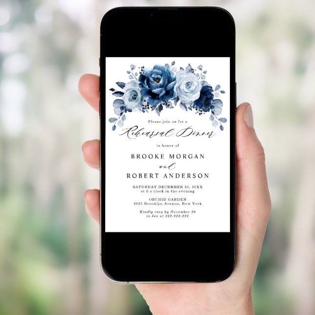 Dusty Blue Slate Navy Botanical Rehearsal Dinner Invitation (Front Digital)