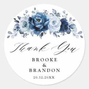 Dusty Blue Slate Navy Botanical Wedding Thank you Classic Round Sticker