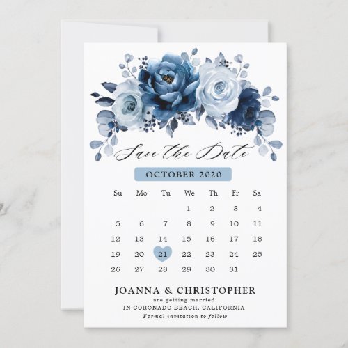 Dusty Blue Slate Navy Floral Botanical Calendar Save The Date