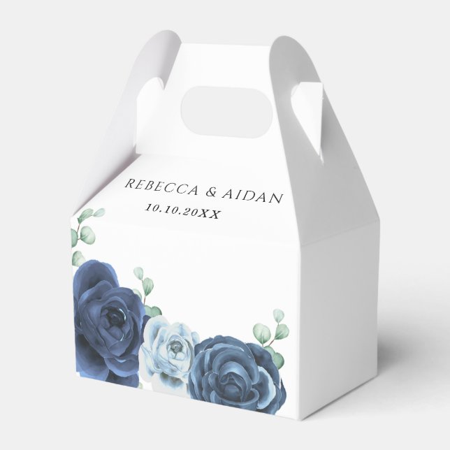 Dusty Blue Slate Navy Floral Botanical  Favor Boxes (Front Side)