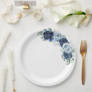 Dusty Blue Slate Navy Floral Botanical  Paper Plates