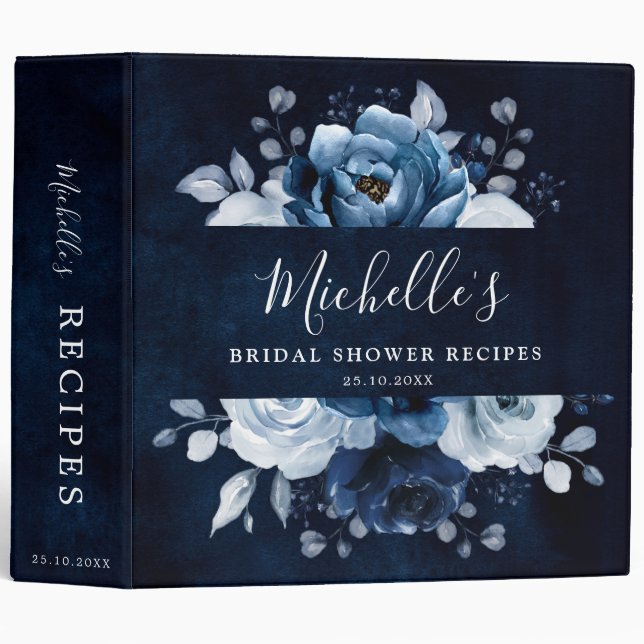 Dusty Blue Slate Navy Floral Botanical Recipe 3 Ri Ring Binder (Front/Spine)