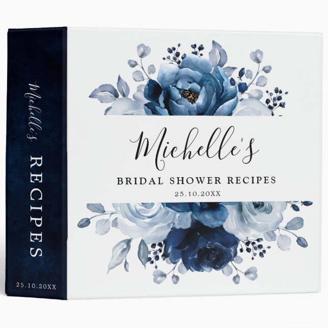 Dusty Blue Slate Navy Floral Botanical Recipe 3 Ring Binder (Front/Spine)