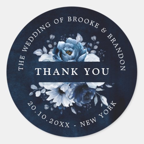 Dusty Blue Slate Navy Floral Botanical Thank you C Classic Round Sticker
